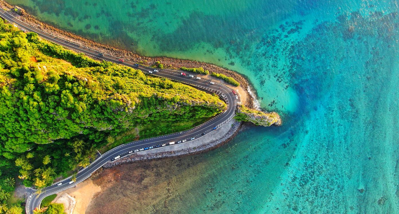 Headshot of coastal scene in Mauritius with road and ocean