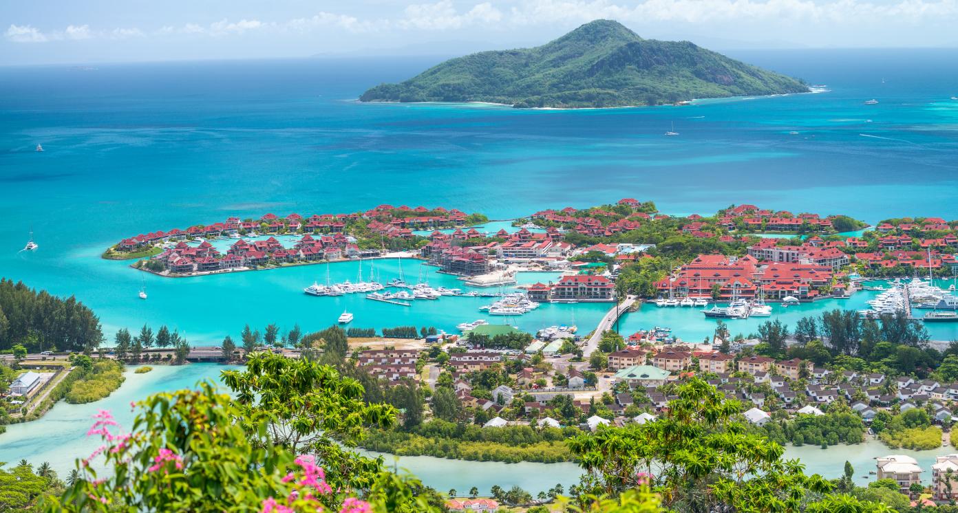 Red roofs of Eden Island, aerial view of Seychelles