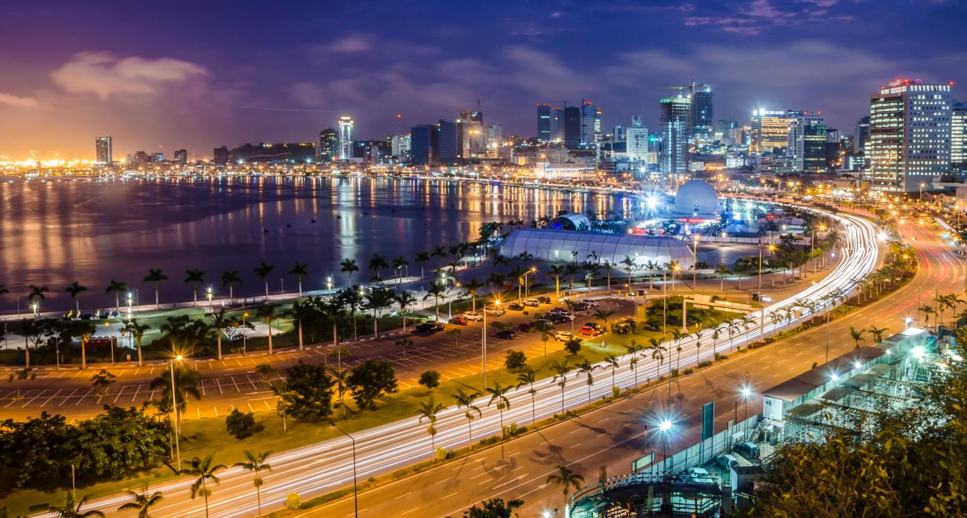 Skyline of capital city Luanda, Luanda bay and seaside promenade with highway during afternoon, Angola, Africa