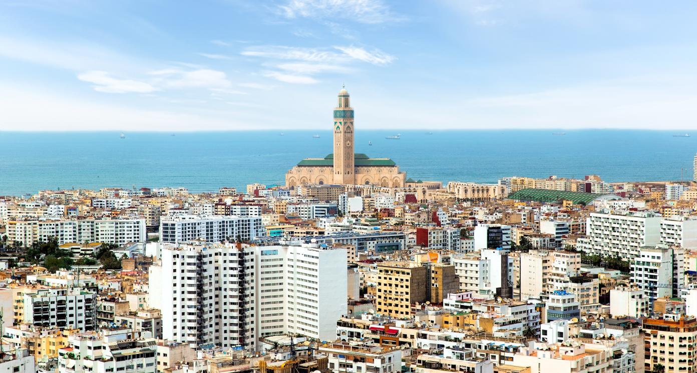 Panoramic aerial view of Casablanca, with Grand mosque Hassan II Mosque and the Atlantic ocean. Casablanca. Morocco