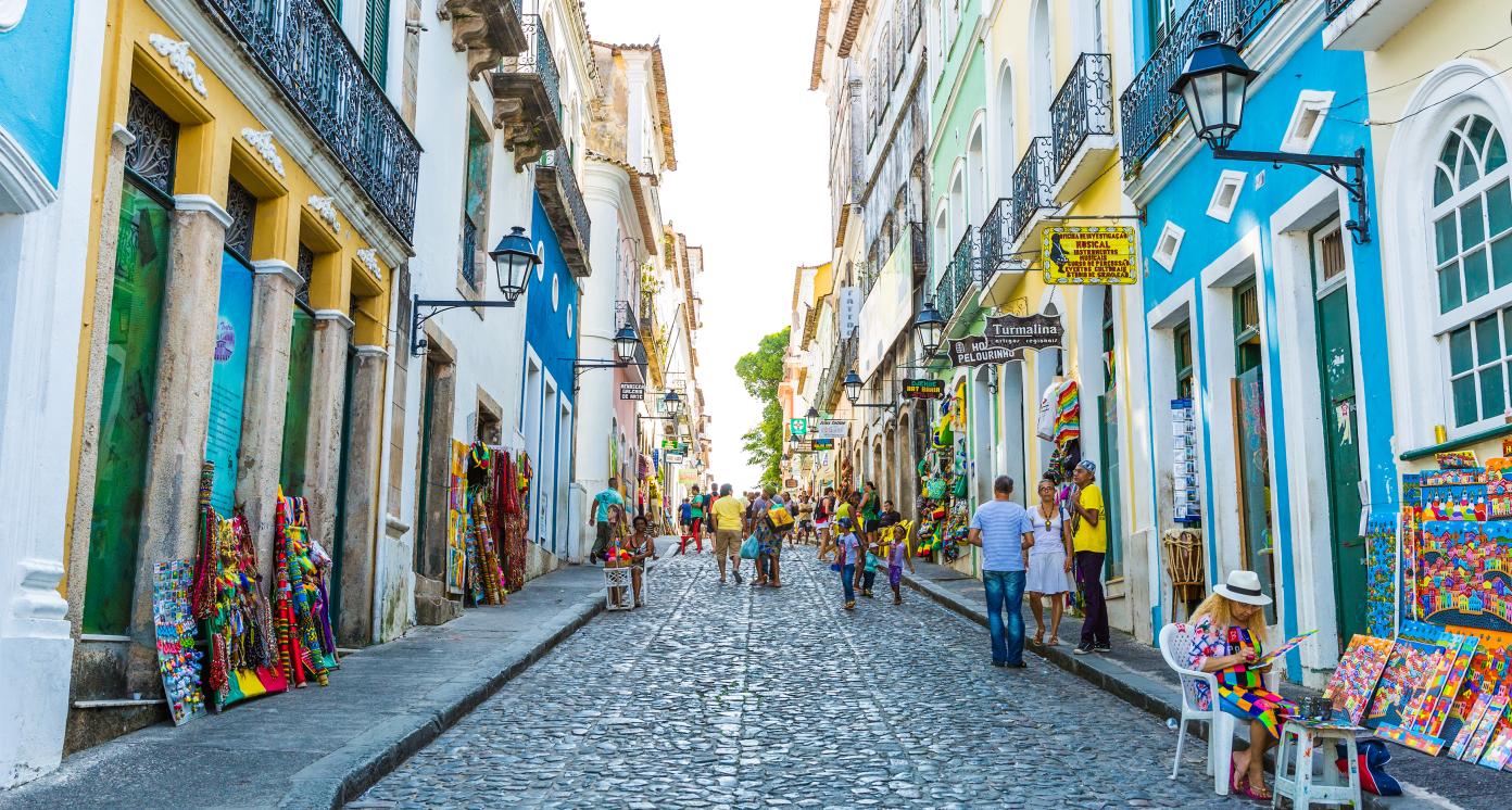 BAHIA, BRAZIL - CIRCA NOV 2014: People walk in Pelourinho area, famous Historic Centre of Salvador, Bahia in Brazil.