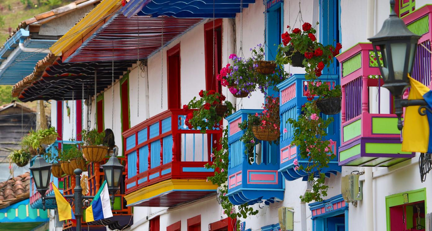 colorful colonial style balconies in Salento Colombia