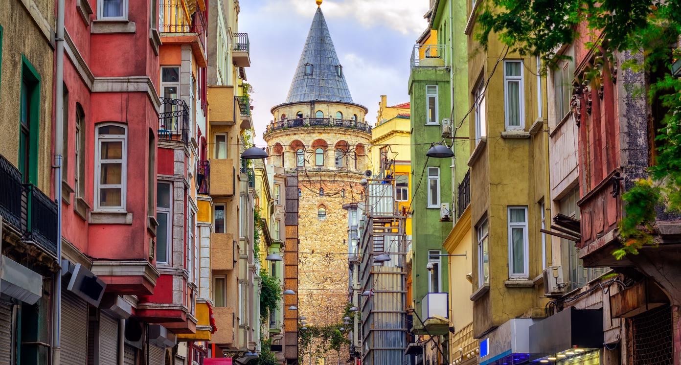 Galata Tower and the street in the Old Town of Istanbul, Turkey