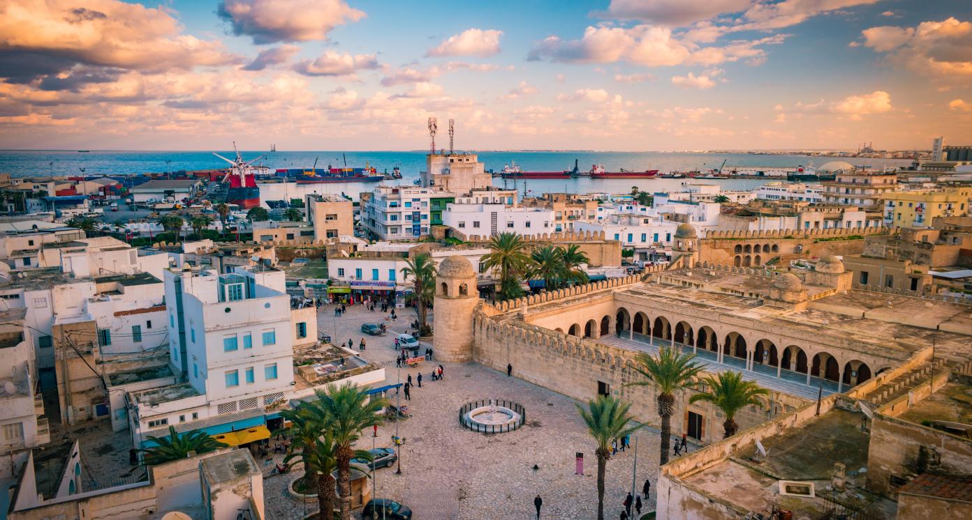 Beautiful sunset in Sousse, Tunisia. Cityscape with the view on Mosque and port of Sousse