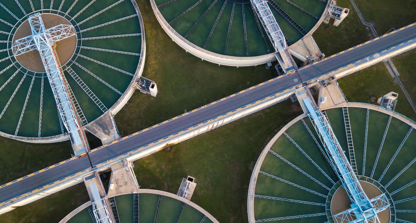 Aerial view of The Solid Contact Clarifier Tank type Sludge Recirculation in Water Treatment plant