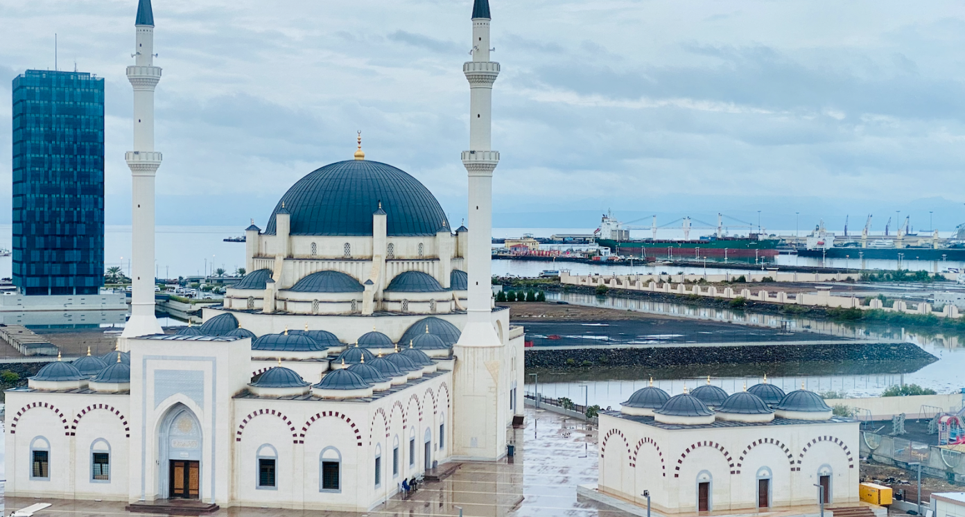 Port scene from Djibouti with mosque