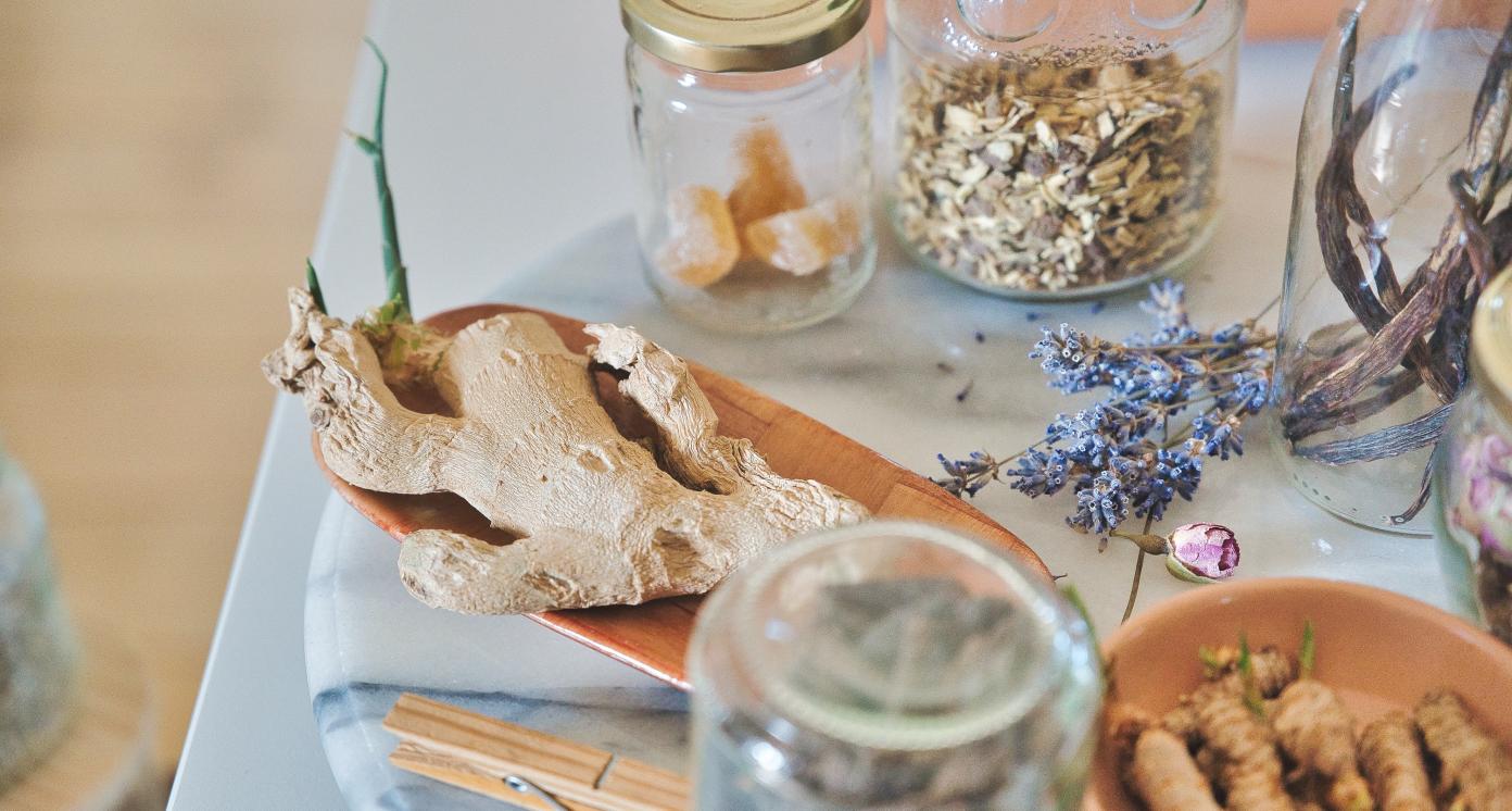 Herbs laid on a table