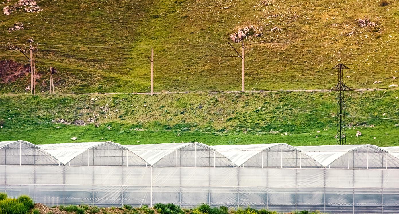 Outside view of greenhouse at the foot of the mountain