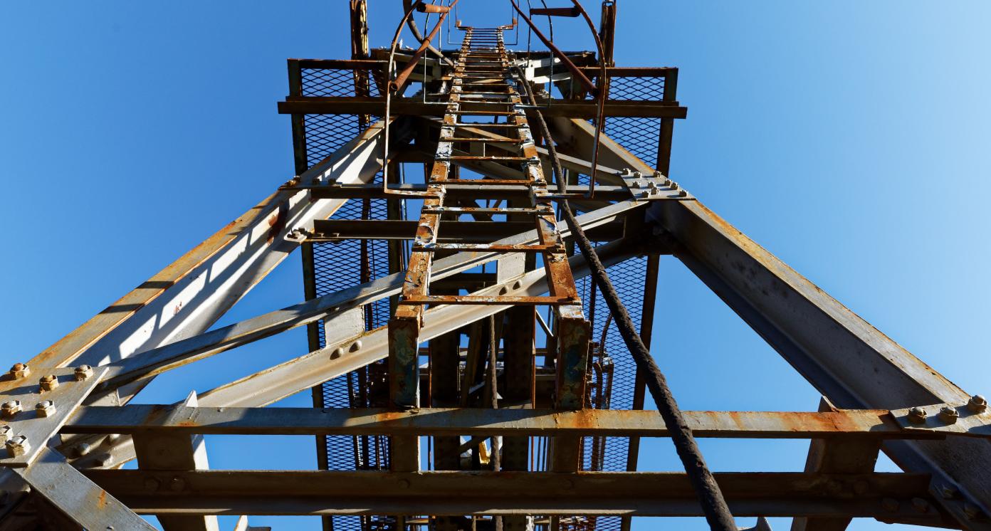 View up on to stairs of the decommissioned Cableway that used to transport asbestos between Barberton and Bulembu Swaziland(eSwatini), Saddleback Pass (R40), Mpumalanga, South Africa