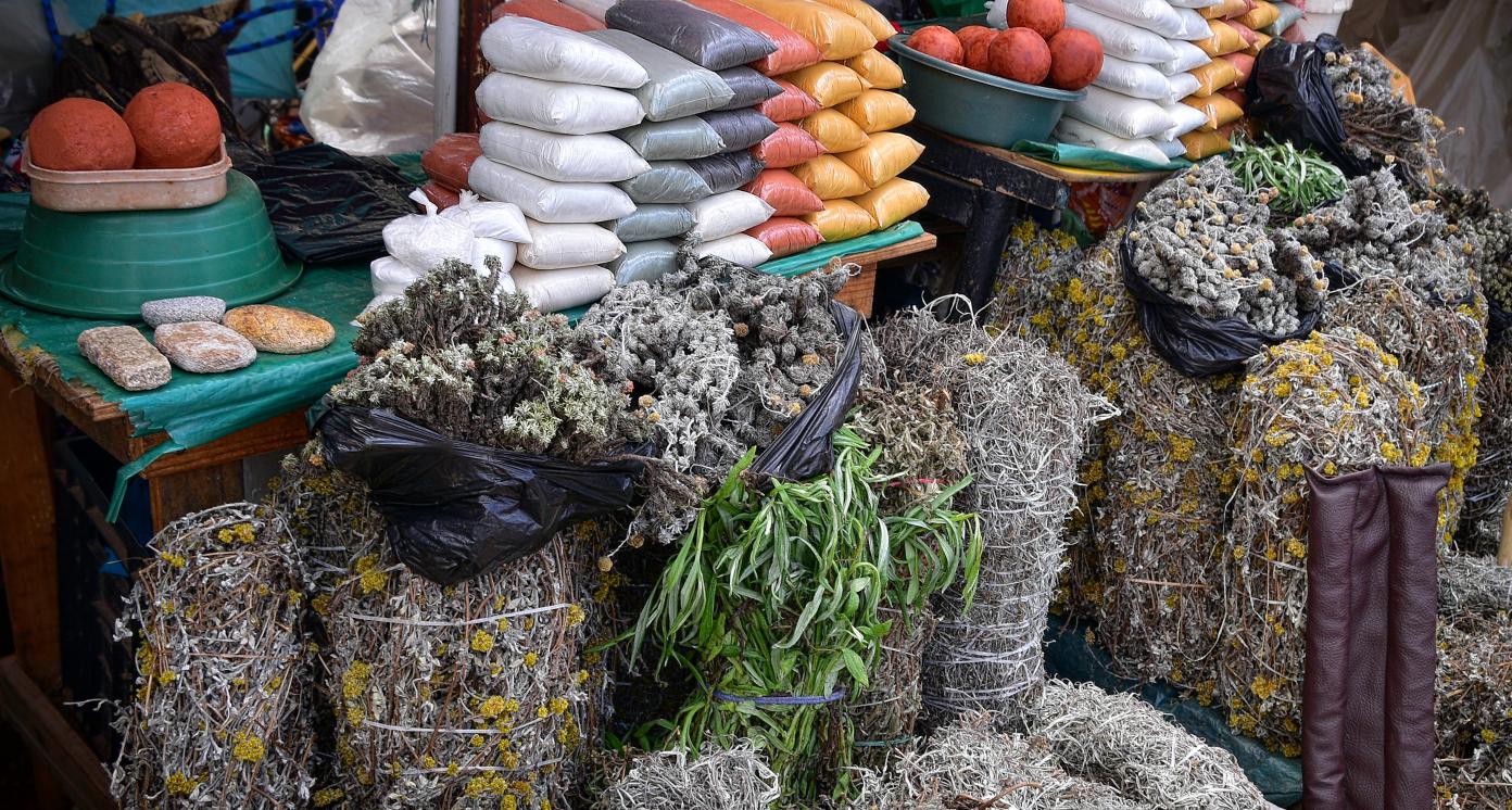 Selling spices and herbs at the local African market in Manzini, Swaziland, Kingdom of Eswatini Swazi