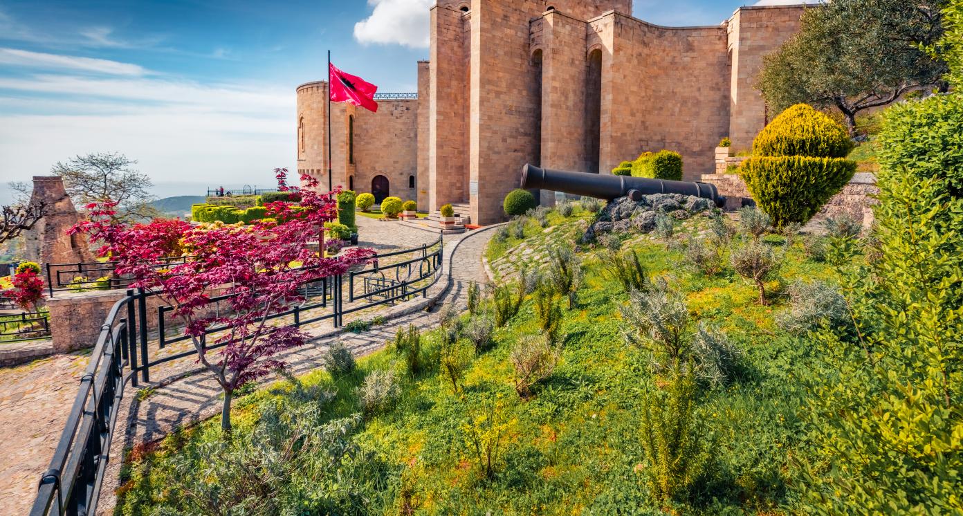 Exciting spring view of Castle of Kruja. Attractive morning landscape of Albania, Europe. Traveling concept background.