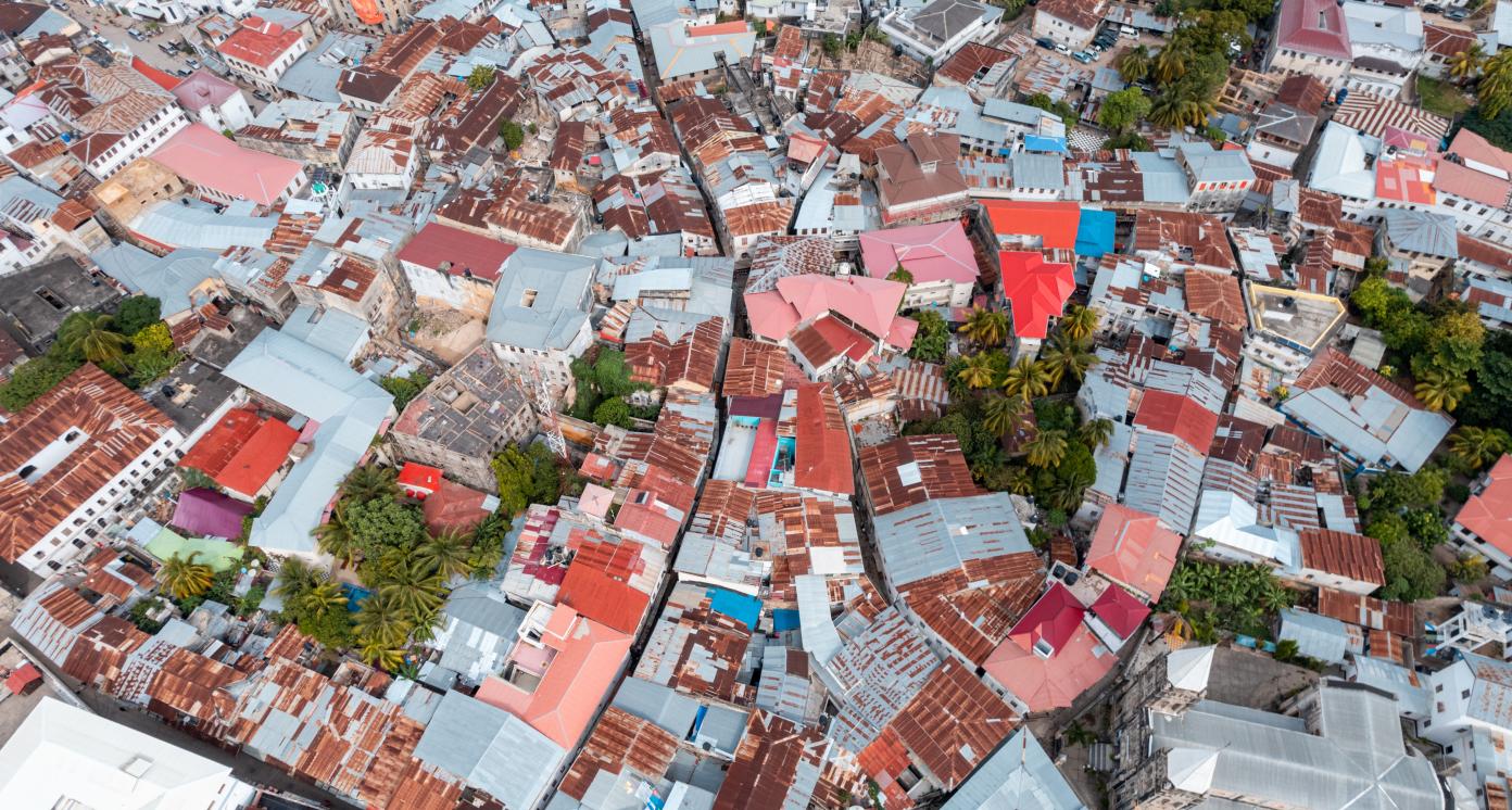 An aerial view of Zanzibar Island with traditional houses, buildings and city streets, Tanzania