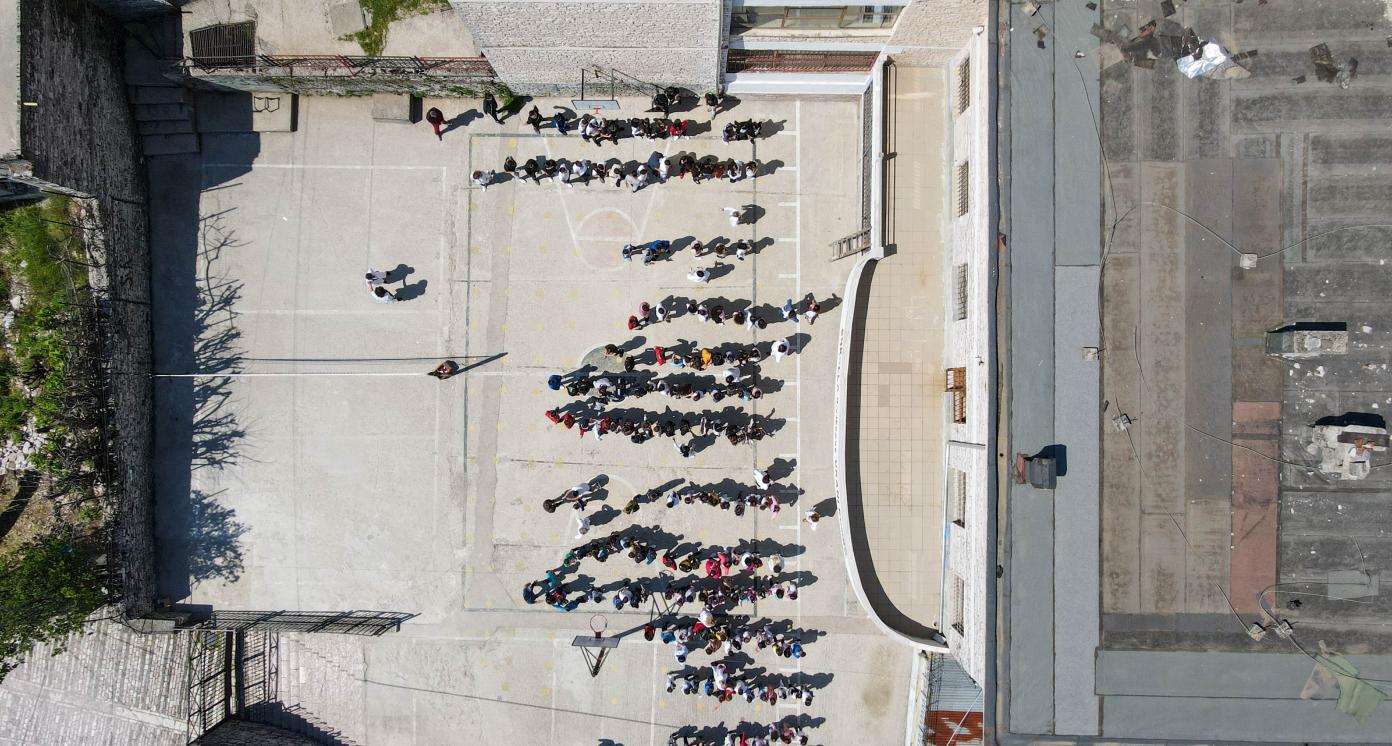 Drone view at the school yard of Gjirokastra on Albania