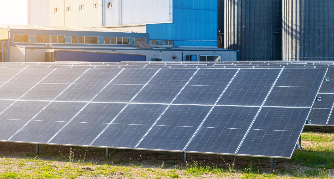 Solar photovoltaic panels in solar farm used to produce mill in a flour mill in Tirana, Albania. Sustainable energy, electric power generation, decarbonization, renewable green energy