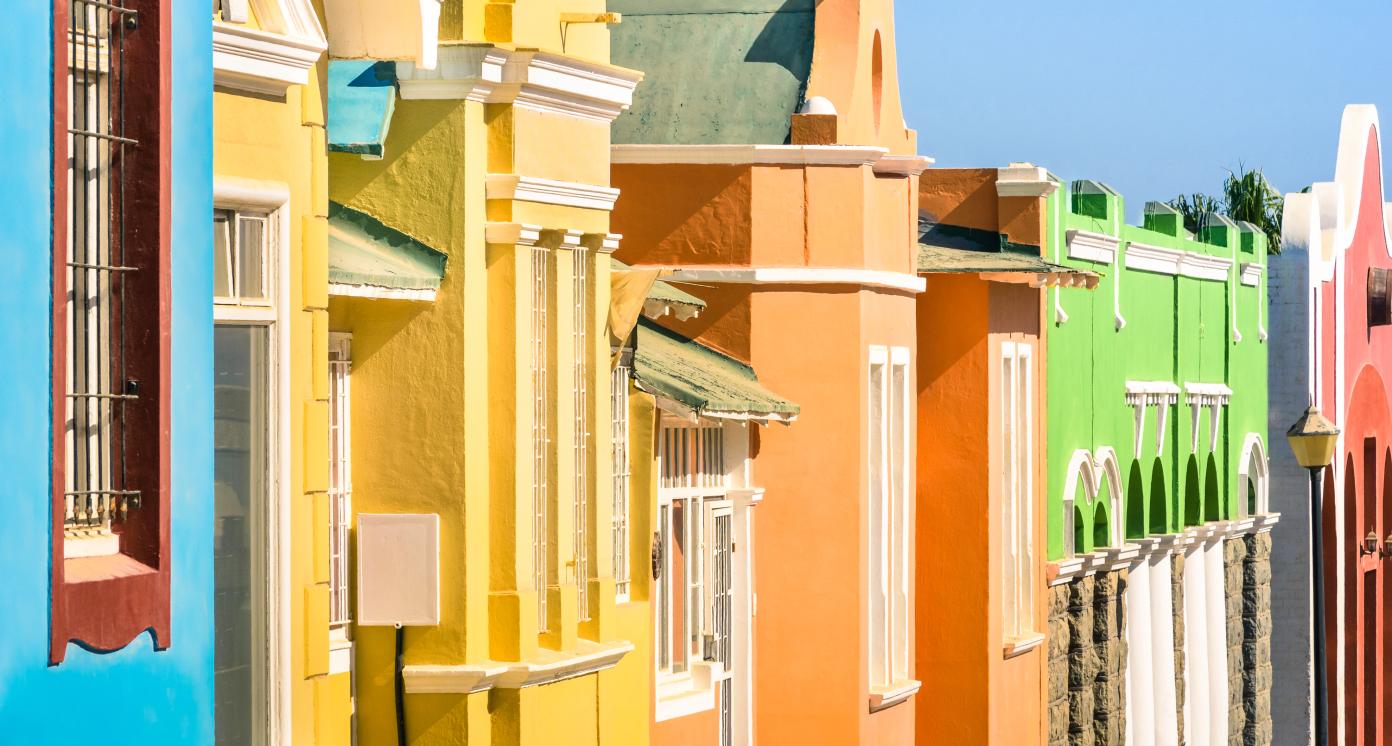 Detail of colorful houses in Luderitz - The ancient german style town in south Namibia - African european settlement