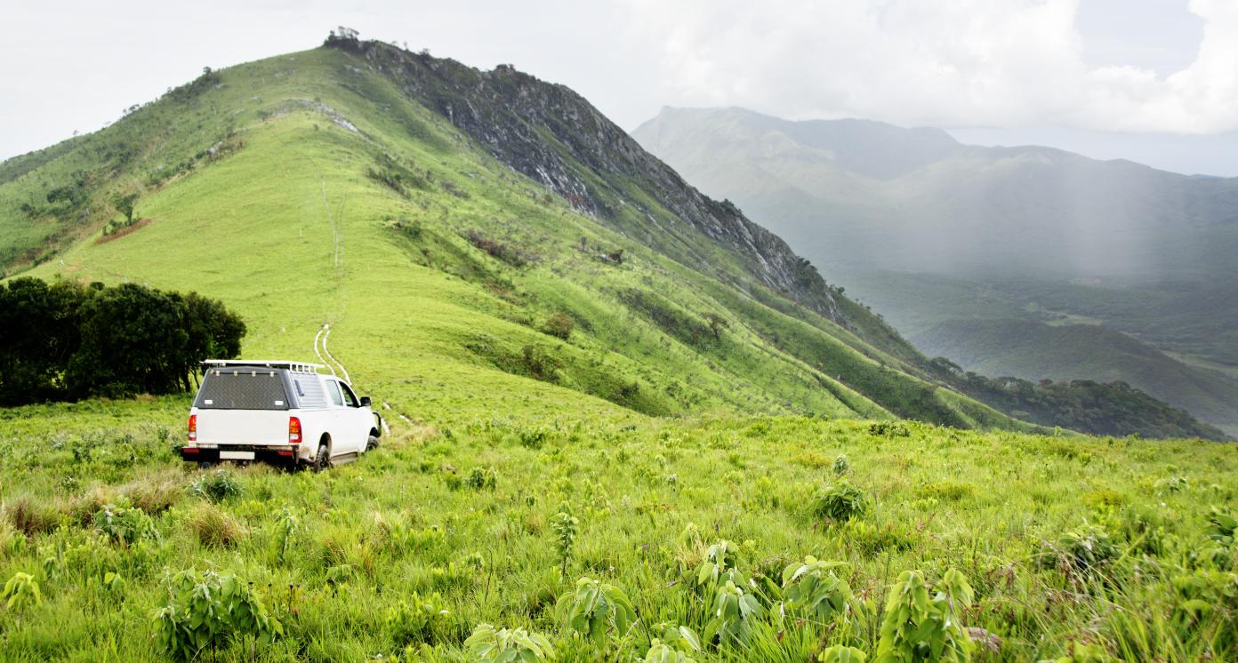 Vehicle in Rainy Weather at Jalawe Rock, Nyika Plateau, Malawi, Africa