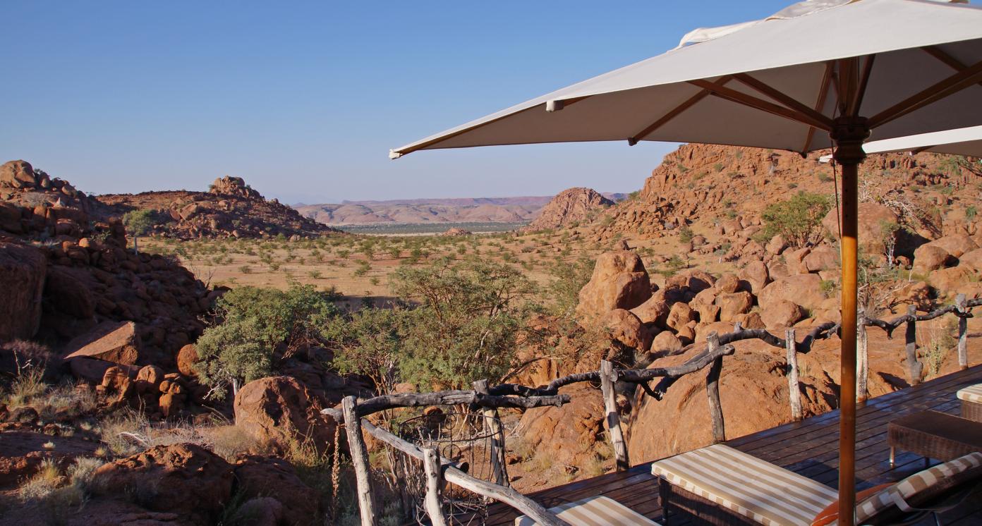 View from a safari lodge to the scenery in Damaraland in Northwest Namibia