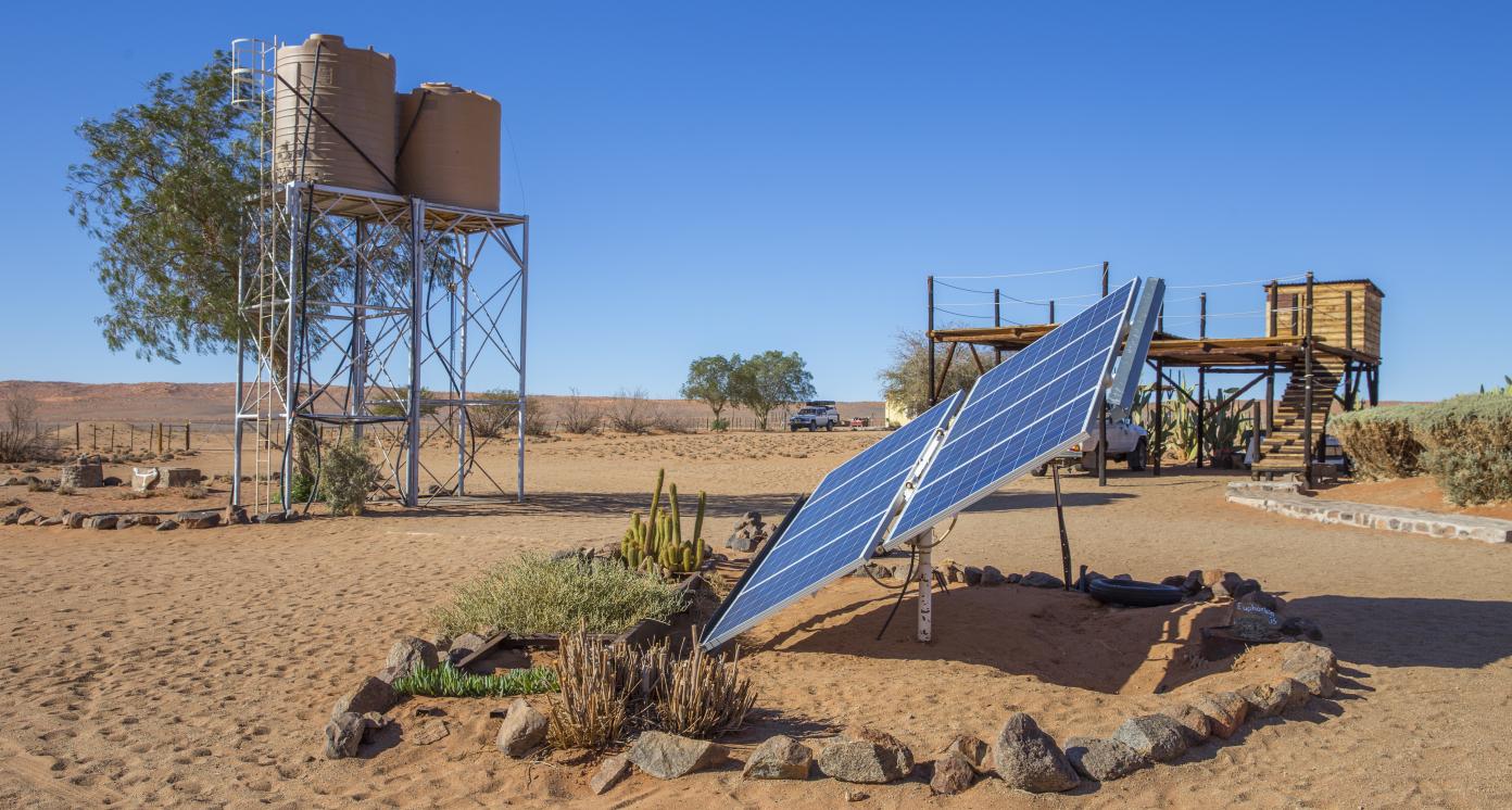 View of solar panel in the Farm Gunsbewys, in southern Namibia