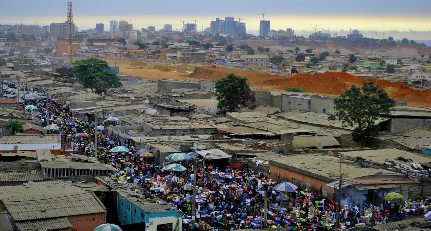 Slum in Angola, Africa. Capital city of Luanda. Poverty versus wealth in developing countries.