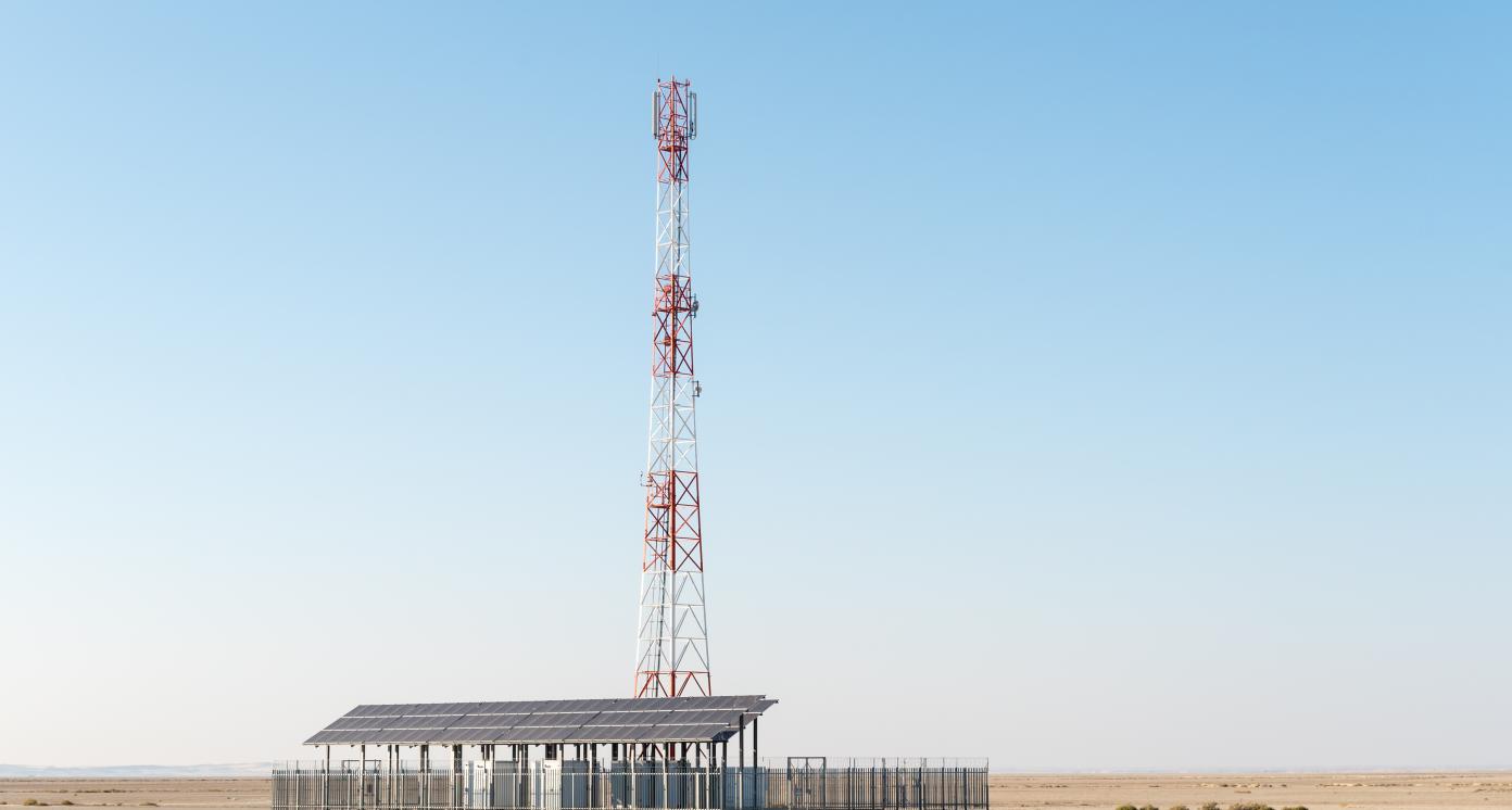 A cell phone telecommunications tower, using solar power only, near Rietfontein, a small town in the Northern Cape Province of South Africa on the border with Namibia