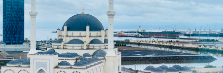 Port scene from Djibouti with mosque