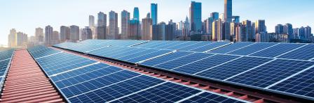 PV panels with a modern city skyline in background