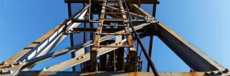 View up on to stairs of the decommissioned Cableway that used to transport asbestos between Barberton and Bulembu Swaziland(eSwatini), Saddleback Pass (R40), Mpumalanga, South Africa