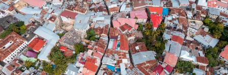 An aerial view of Zanzibar Island with traditional houses, buildings and city streets, Tanzania