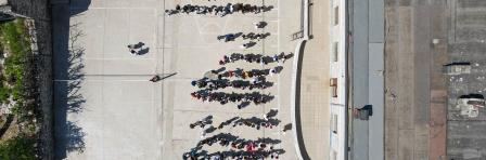 Drone view at the school yard of Gjirokastra on Albania