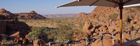 View from a safari lodge to the scenery in Damaraland in Northwest Namibia