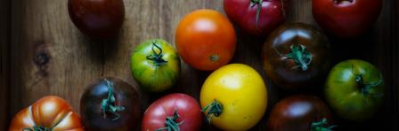 Variety of tomatoes laid on a table